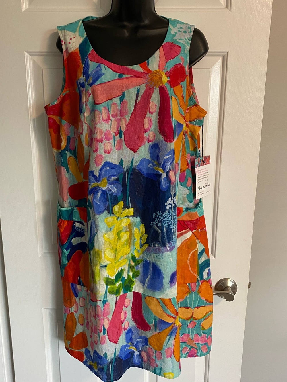 Colorful Floral Linen Shift Dress by Claire Desjardins.  Size Large